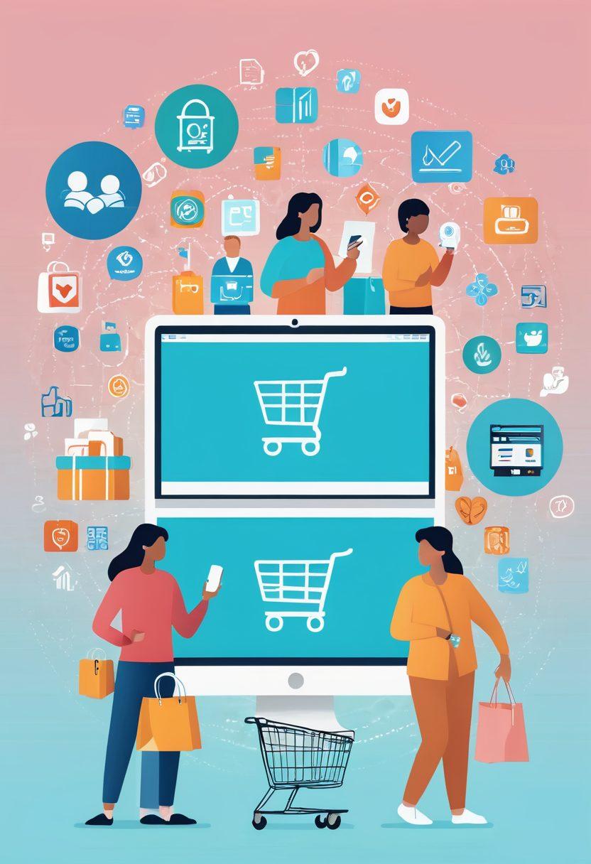 A collage depicting a diverse group of people comfortably shopping online, surrounded by digital shopping carts and medicine icons. A soothing color palette conveys safety and convenience, with a clear depiction of a family member receiving a package at home. Include elements like a computer screen showing an online pharmacy interface and a secure lock symbol to signify safety. The background is a soft gradient to enhance focus on the main subjects. modern illustration. soft colors. clean design.