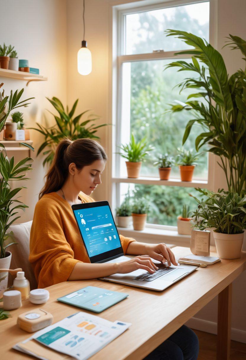 A serene scene depicting a person using a laptop at a cozy home setting, surrounded by vibrant plants and wellness products, with a digital prescription interface visible on the screen. In the background, subtle illustrations of various online pharmacy elements like delivery boxes and health apps. The atmosphere exudes tranquility and health awareness. soft-focus. vibrant colors. cozy ambiance.