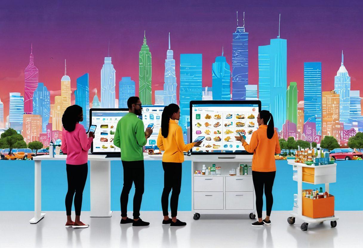 A diverse group of people exploring a vibrant online pharmacy interface on various digital devices. Display virtual carts filled with health and wellness products, set against a backdrop of a bright and modern city skyline representing online connections. Incorporate elements like pills, vitamins, and herbal supplements in a visually engaging manner. super-realistic. vibrant colors. white background.